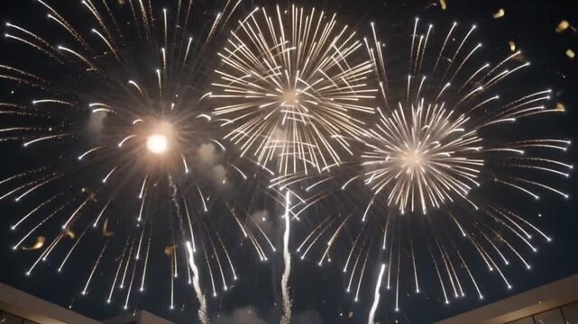 Vector Silhouette of Fireworks exploding in night sky over modern buildings during celebration