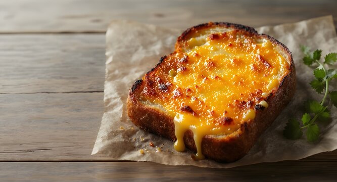Delicious grilled cheese toast with melted bubbling cheddar topping served on greaseproof baking paper over a rustic wooden table background, featuring copy space for breakfast food menu.