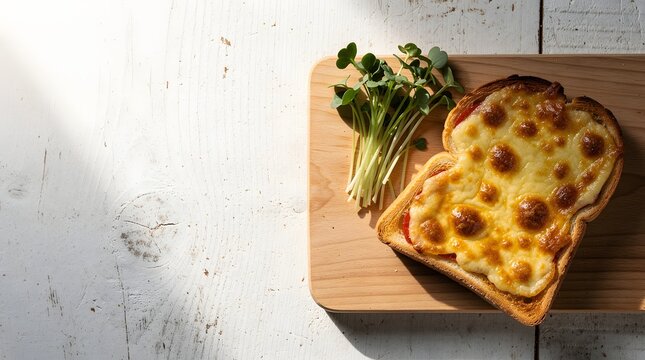 Top view of delicious crispy grilled cheese toast served on a wooden cutting board with fresh green microgreens, capturing a bright morning breakfast setting on a rustic white wood table.