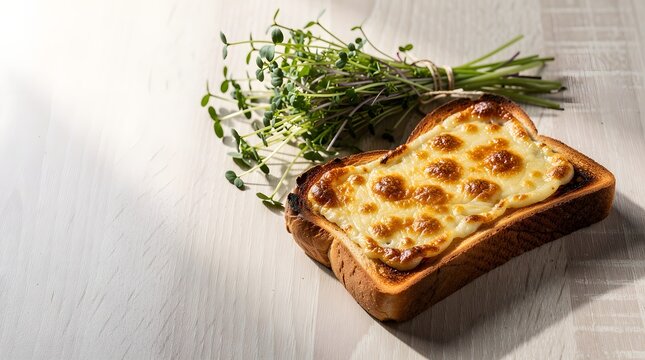 Crispy grilled cheese toast with melted golden mozzarella on top, served with a bunch of fresh green microgreens on a light wooden table background with warm morning light and copy space.