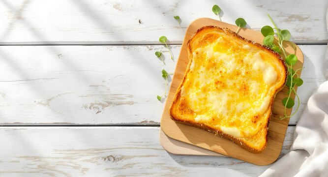 Top view of a crispy grilled cheese toast with melted mozzarella on a small wooden board, served on a white rustic wooden table with fresh microgreens garnish and bright morning copy space.