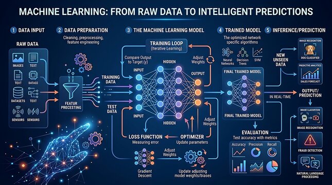 Educational infographic showing the machine learning process from raw data input to intelligent predictions and model deployment