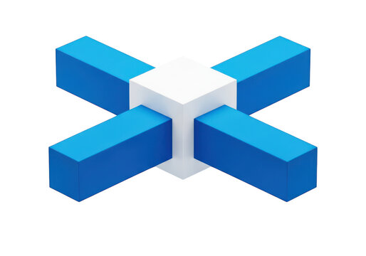 Abstract geometric structure with white central cube and four blue rectangular prisms in a symmetrical cross formation.