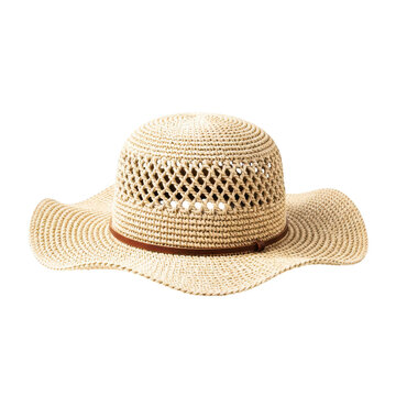 Natural straw woven sun hat with a wide brim and open crochet pattern crown, stylish summer headwear for beach vacation and sun protection.