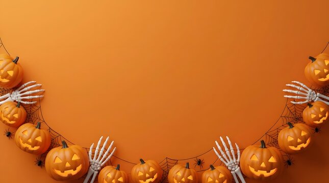 Halloween decorative border with pumpkins and skeleton hands