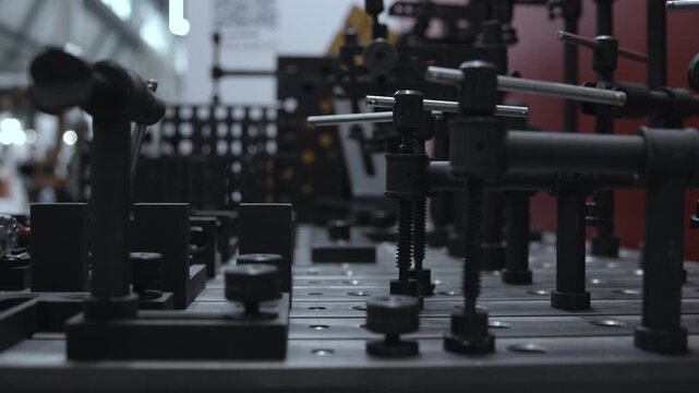 Dense black industrial machinery with clamps, rods, screws, and precision mounts arranged across flat work surface inside dim workshop, captured in low-angle view with shallow focus and technical