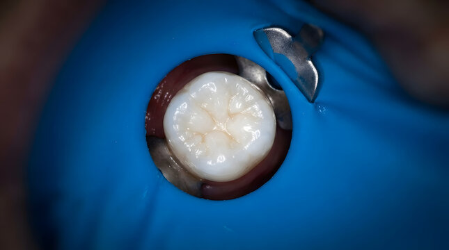 Macro shot of a clean molar tooth isolated through a blue rubber dental dam during professional restorative procedure
