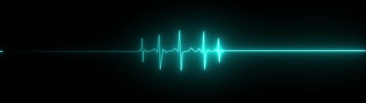 Futuristic neon cyan ECG heartbeat line on a transparent background, with a central cluster of sharp pulse spikes and smooth flat lines on both sides. 4k motion video