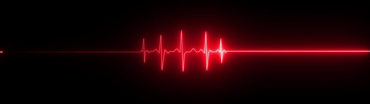 Futuristic neon red ECG heartbeat line on a transparent background, with a central cluster of sharp pulse spikes and smooth flat lines on both sides. 4k motion video