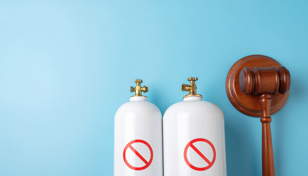 Two white propane gas tanks with red prohibition symbols placed next to a wooden judge gavel on a bright blue background, conceptualizing fossil fuel bans, energy regulation, and legal trials.