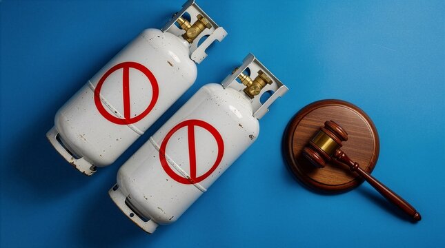 Two white propane gas tanks with red prohibition symbols placed next to a wooden judge gavel on a bright blue background, conceptualizing fossil fuel bans, energy regulation, and legal trials.