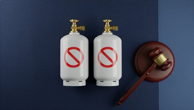 Two white propane gas tanks with red prohibition symbols placed next to a wooden judge gavel on a dark blue background, conceptualizing fossil fuel bans, energy regulation, and legal trials.
