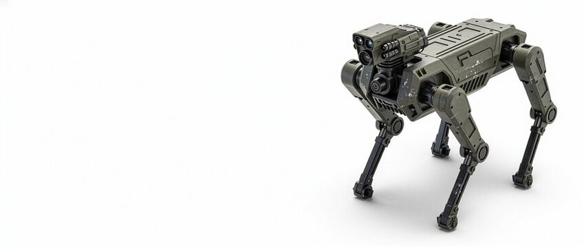 四足歩行型戦術ロボット（UGV）の3Dレンダリング 背景白 コピースペース（21:9 Webヘッダー用）