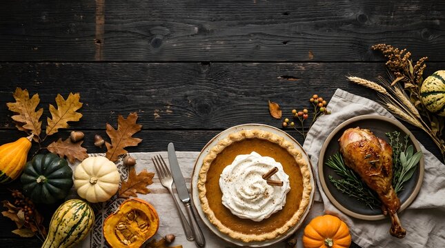 A delightful thanksgiving celebration featuring pumpkin pies gourds and autumn leaves creating a warm and inviting atmosphere for family and friends to gather and