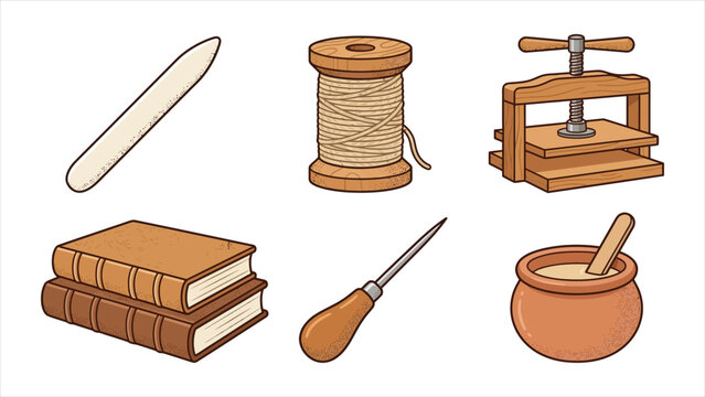  Vintage Bookbinding and Traditional Craft Tool Set with Bone Folder Thread Spool Wooden Nipper Press Hardcover Books Awl and Glue Pot