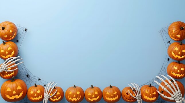 Halloween spooky pumpkin border on blue background banner
