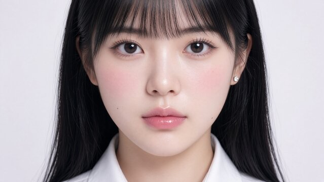 Portrait of Young Asian Woman with Natural Makeup and Bangs
