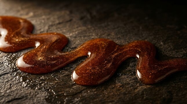 Golden caramel sauce wavy drizzle on dark stone for desserts.