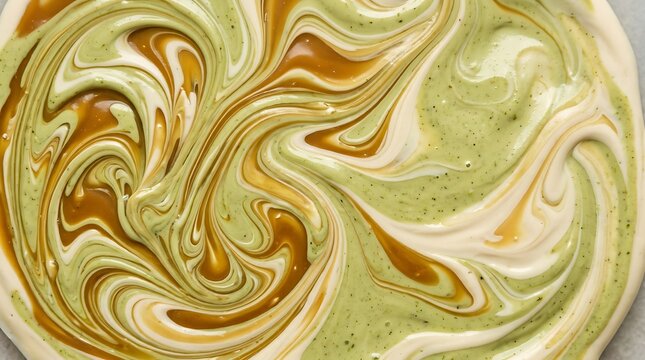 Swirled matcha and caramel cream textures abstract food design.