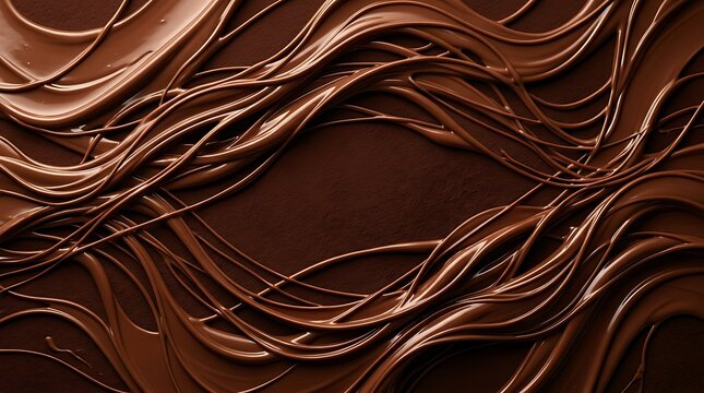 Swirling chocolate ribbons creating abstract patterns on dark surface.