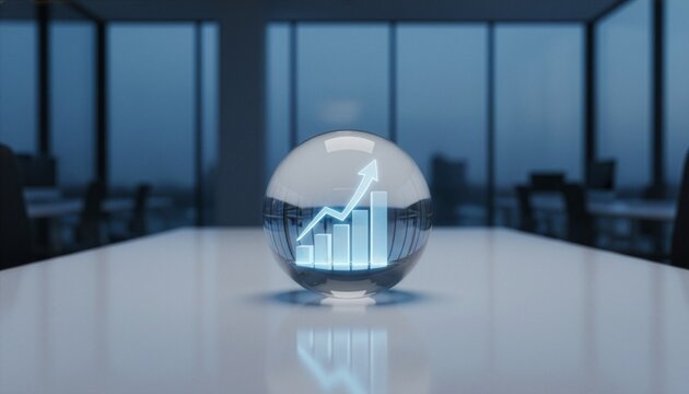 A glowing financial growth chart bar graph inside a glass crystal sphere on a white office table, conceptualizing future business forecasting, corporate investment, and economic success.