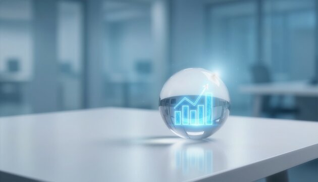 A glowing financial growth chart bar graph inside a glass crystal ball on a white office conference table, conceptualizing business forecasting, future market trends, and economic success.