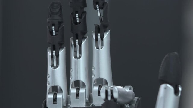 Close-up view of silver robotic gripper arms with dark ribbed tips rising against dark neutral background, showing precise industrial hardware, brushed metal surfaces, and shallow depth
