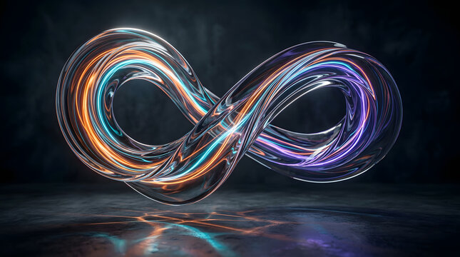 Glowing infinity symbol with colorful energy streams on dark background