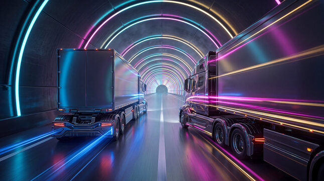 Futuristic freight truck convoy in tunnel