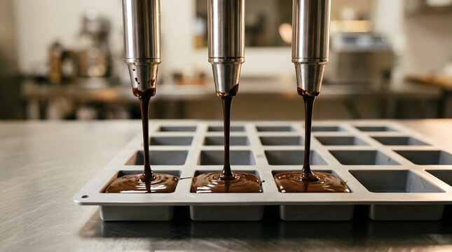 Automatic nozzles dispensing liquid chocolate into silicone mold in factory