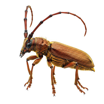 Detailed macro shot of large brown longhorn beetle with prominent antennae and segmented legs on grey background.