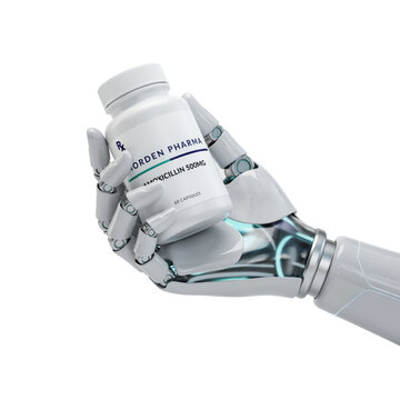 Robotic hand holding a white plastic bottle of amoxicillin 500mg capsules with blue accents and prescription... isolated on a transparent background