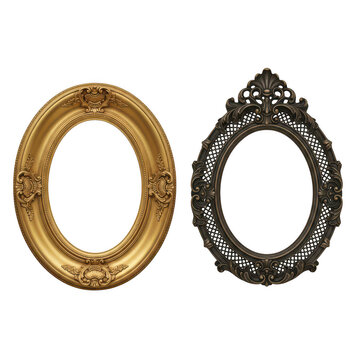 Two decorative vintage oval picture frames in gold and black colors isolated on transparent background