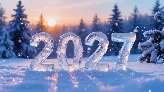 2027 New Year Crystal Ice Sculpted Numbers in Winter Forest