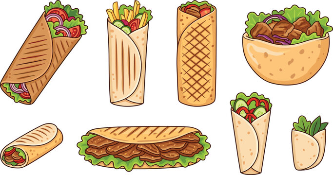 Doner kebab shawarma and gyro wrap vector illustration set featuring pita bread falafel sandwich and fast food elements