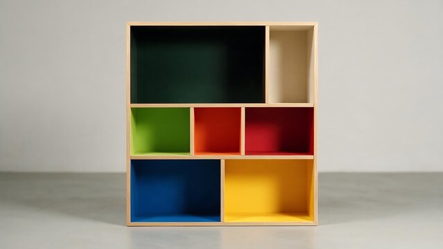 7-compartment bookshelf, available in 7 different colors, each compartment in a different color.
