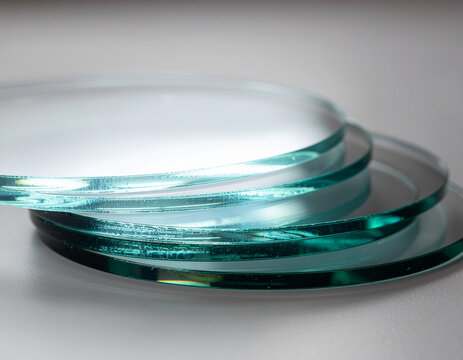 macro view of circular transparent glass discs with smooth polished green edges stacked together on a grey studio surface