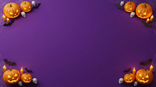Purple Halloween background with pumpkins and candles