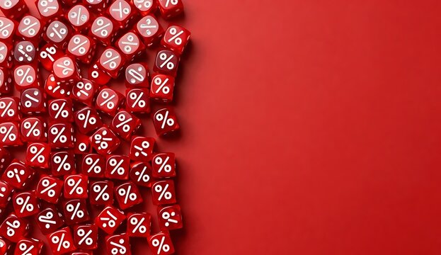 Vibrant Promotional Background Featuring Multiple Red Game Dice Printed with White Percentage Discount Signs Scattered Across a Solid Red Surface for Sales, Clearance, and Special Offers
