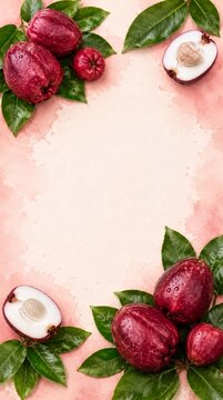Flat lay of fresh pomerac fruits and leaves with copy space on pink background