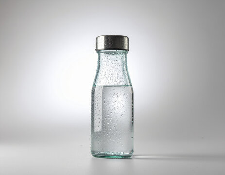 transparent glass bottle filled with pure condensation water droplets and closed with a silver metallic cap against a grey background