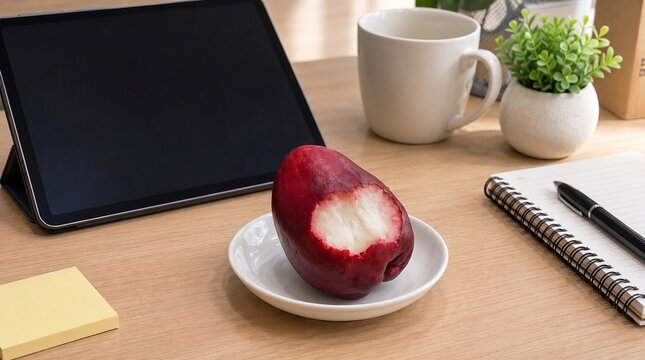 Bitten pomerac fruit on a small plate on a wooden desk with tablet and notebook