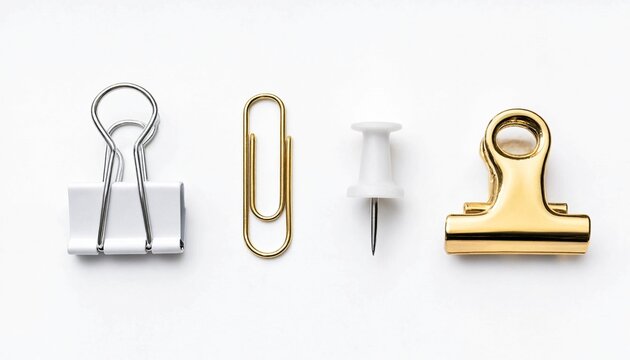 Stationery set with white binder clip paper clip push pin and gold clamp for office desk organization.