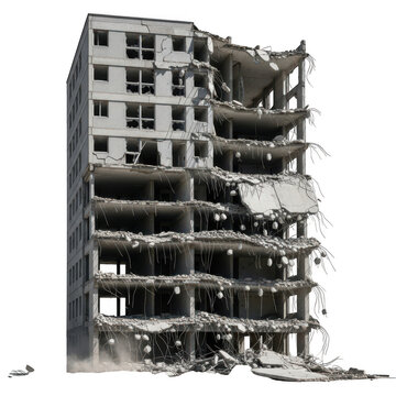 Destroyed high rise building concrete structure after disaster isolated on transparent background