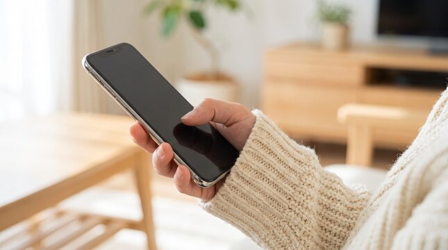 Person holding black blank screen smartphone device for mobile application design prototype mockup.