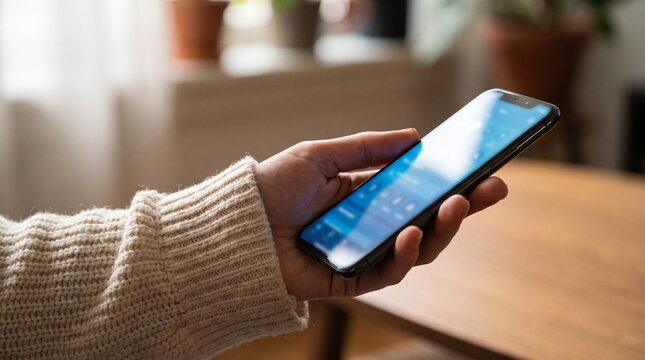 Person holding black smartphone with light blue screen interface display for digital communication task.