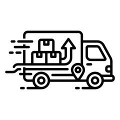 Fototapeta premium Fast delivery truck icon with cardboard boxes and location pin showing rapid shipping service for logistics business and online order tracking concept