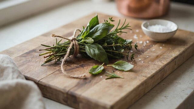 A bunch of fresh green herbs tied with twine on a rustic wooden cutting board with fresh basil rosemary string rests wooden board next small