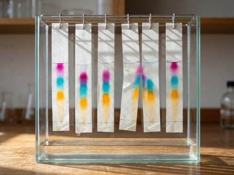 Paper chromatography strips in glass chamber for science education and analysis