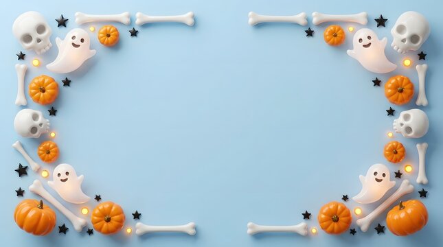 Spooky Halloween border with pumpkins and ghosts